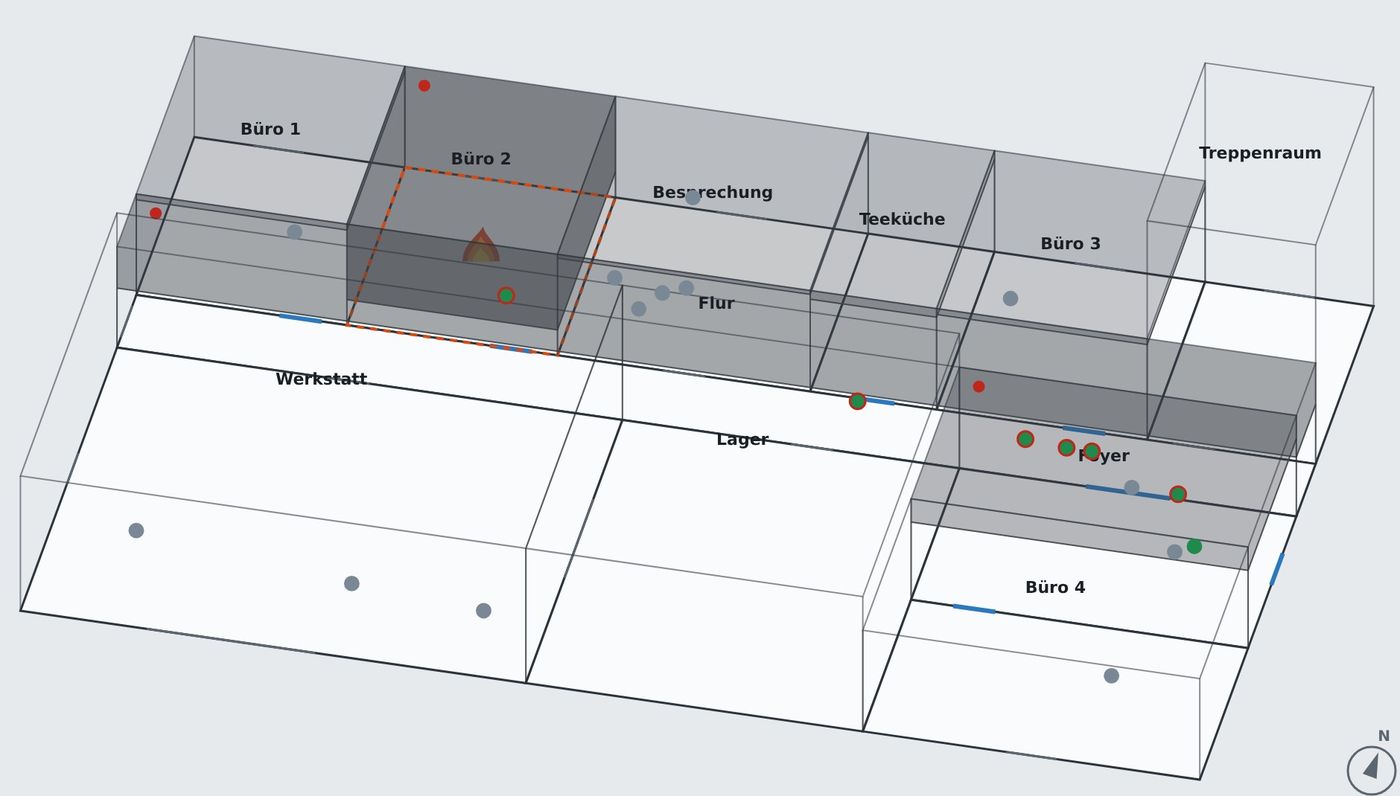 3D-Modell eines Gewerbebaus mit Rauchschicht in Brandraum, Flur und Foyer und flüchtenden Personen